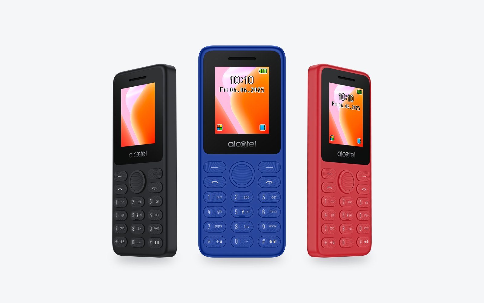 Alcatel feature phones in black, blue and red