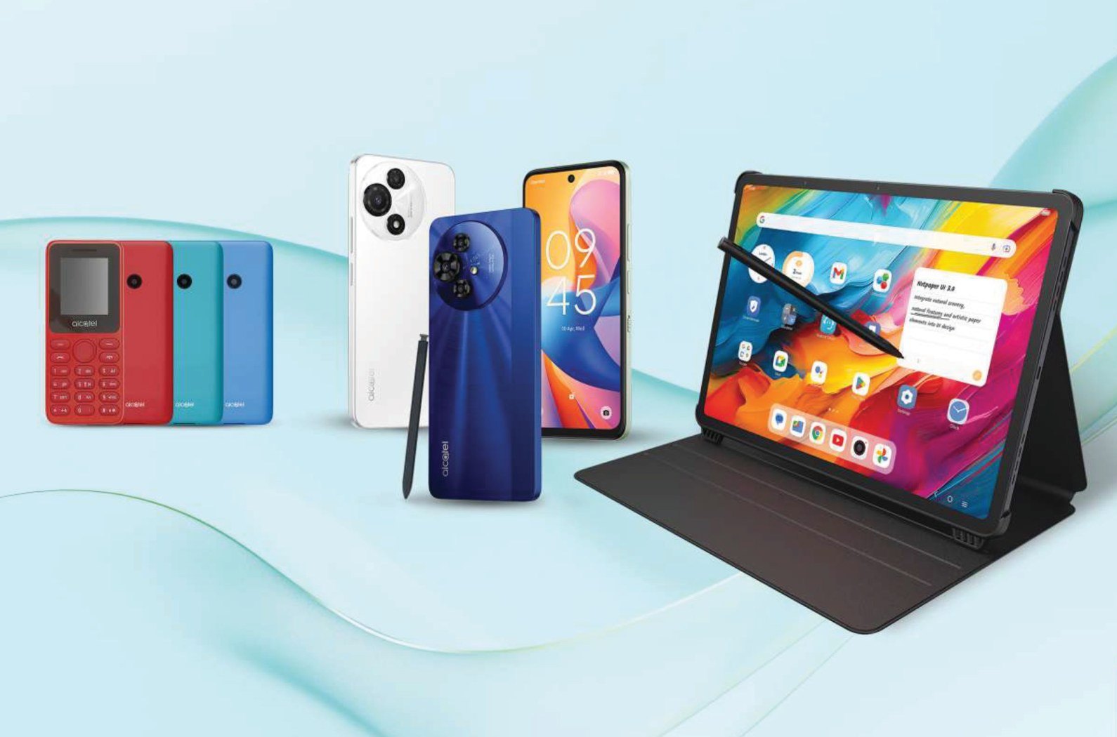 The range: Alcatel feature phones and V3 Series smartphones, and a TCL NXTPAPER tablet with stylus